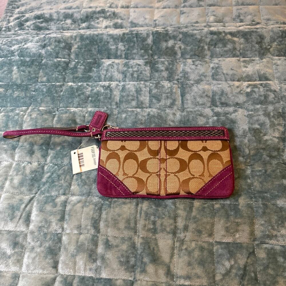 Coach Signature Khaki Magenta Wristlet – New With Tags